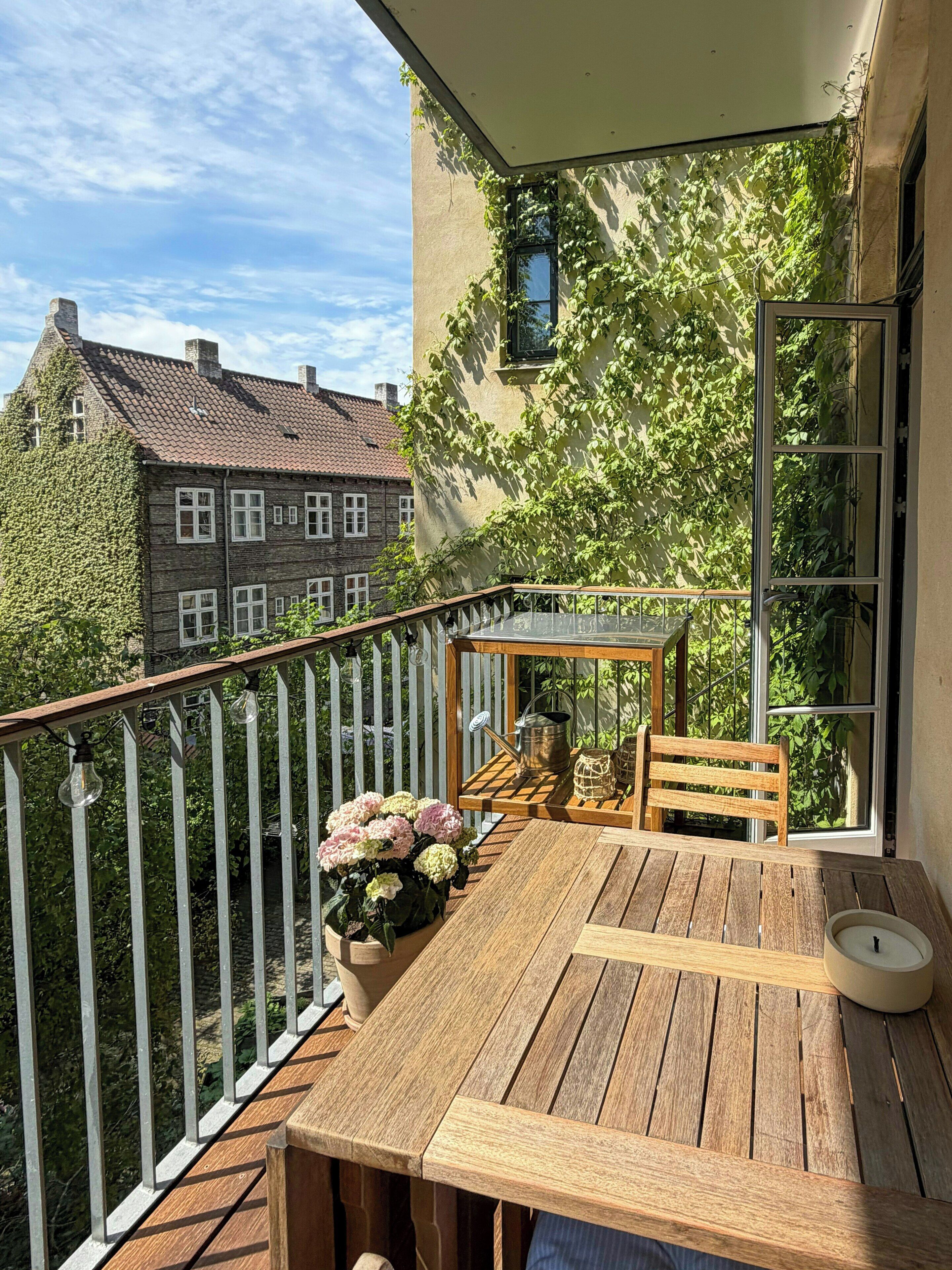 Terraza de madera con una mesa, sillas, una planta en maceta y una barandilla de metal.