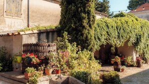 A courtyard with a tall tree, potted plants, and a rustic building with a wooden fence. - Eco-friendly gite in a wine estate in Frontignan (Frontignan)