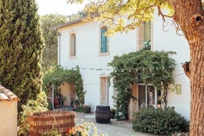 A courtyard with a building, a wooden barrel, and string lights. - Eco-friendly gite in a wine estate in Frontignan (Frontignan)