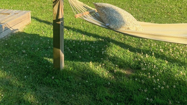 Un espace extérieur abrité, équipé d’une table et de chaises, d’un hamac et d’une pelouse.