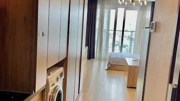 Standard Apartment, 1 Bedroom, Kitchen, Pool View | Desk, laptop workspace, blackout curtains, soundproofing