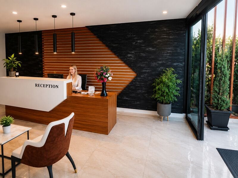 En reception med modern design, en receptionist och krukväxter.