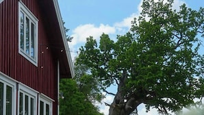 En rød bygning med en hvid veranda og et stort træ foran.