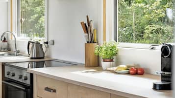 Une cuisine moderne équipée d’une cuisinière, d’un évier et d’une fenêtre donnant sur un espace verdoyant.