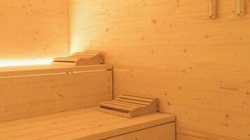 A wooden sauna with benches and a bench seat.