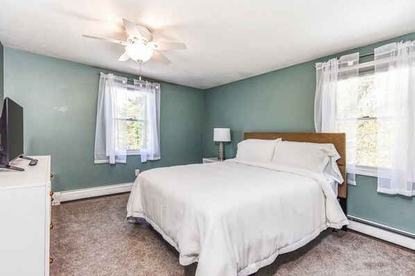 Une chambre à coucher avec un lit, un bureau, une lampe et un ventilateur de plafond.