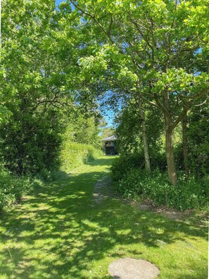 A pathway leading to a building surrounded by lush greenery. - Personality in architect home near Spøttrup (Spøttrup)