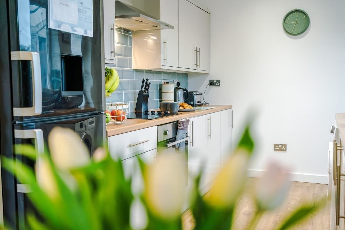 Fridge, microwave, stovetop, electric kettle
