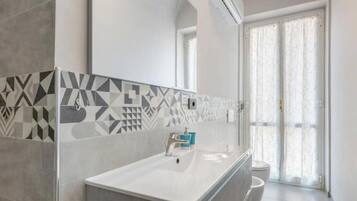 Shower, hair dryer, bidet, towels