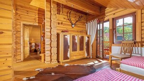 A log cabin interior with a wooden ceiling, a stone pillar, a cabinet with glass doors, a cowhide rug, and a checkered bedspread. - Chalet with sauna at Ilsetal in the Harz (Ilsenburg (Harz))