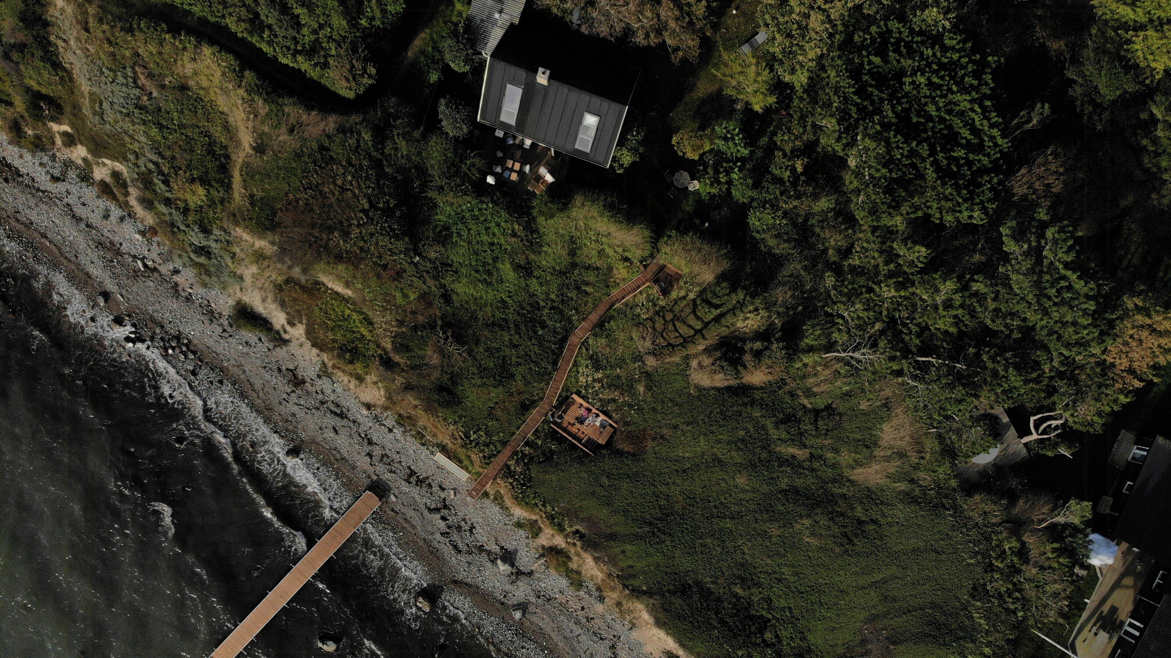 Una casa con techo inclinado, rodeada de un bosque denso.