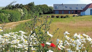 A modern building with a red roof and a large glass window. - Peaceful summer house near Limfjorden (Nykøbing Mors)