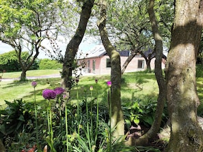 Un jardin avec des arbres et des plantes à fleurs, un bâtiment en briques doté de fenêtres et un chemin.