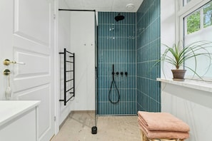Une salle de bain avec une douche, un porte-serviettes, une plante en pot et une fenêtre.