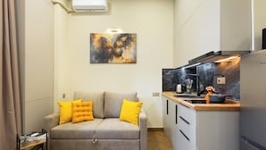 Un espace de vie compact comprenant un canapé, un petit coin cuisine et un climatiseur fixé au mur.