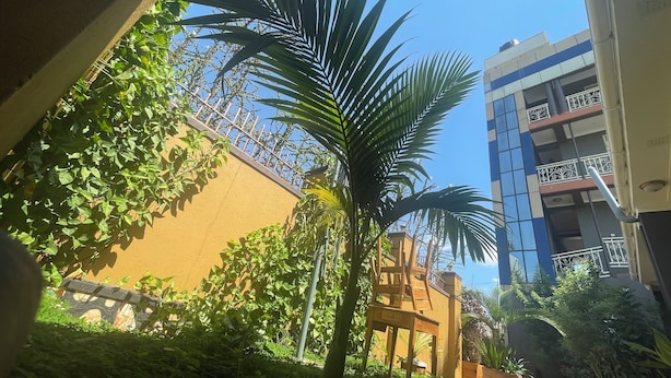 A courtyard with a palm tree, a wooden bench, and a building with balconies. - Lillian Imperial Country Hotel (Kamuli)