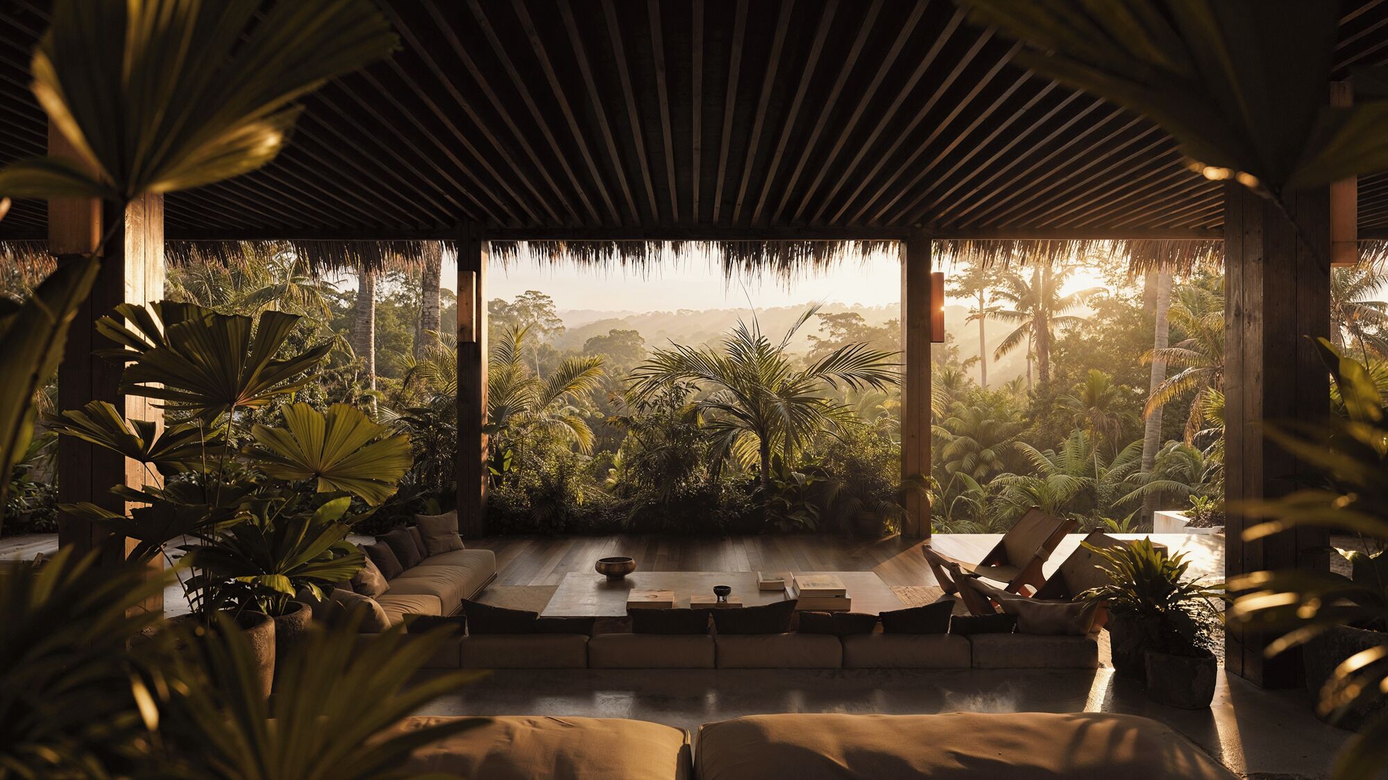 A covered outdoor seating area with a sofa and chairs, surrounded by tropical plants and a view of a forested landscape.