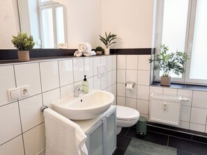 Douche, sèche-cheveux, serviettes fournies, savon