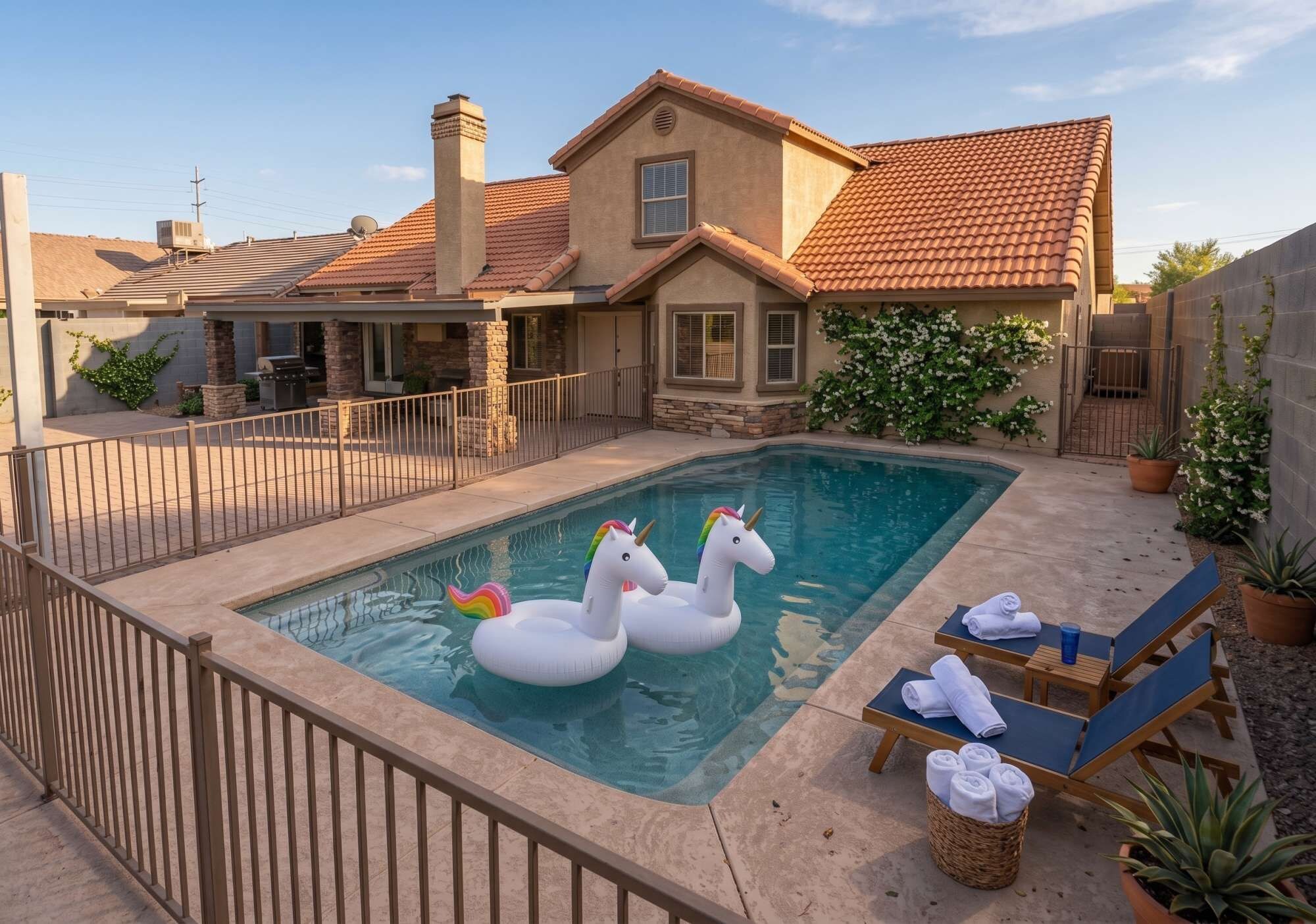 A swimming pool with two swan-shaped floats, a covered patio area with lounge chairs, and a house with a tiled roof.