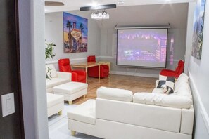 TV, fireplace, video games, foosball