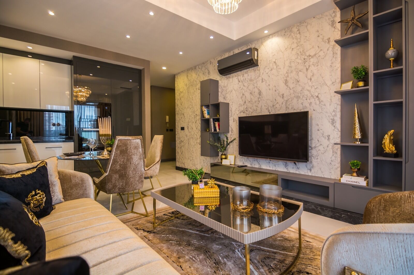 Design Apartment, Balcony, City View | Living area | 100-inch Smart TV with cable channels, Netflix, DVD player
