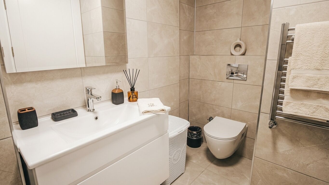 Hair dryer, slippers, towels, soap