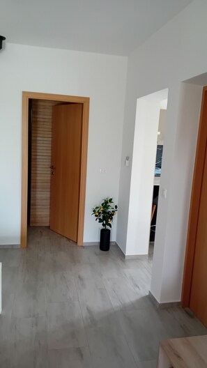 Ein Flur mit einer Holztür, einem Blumentopf und Blick in einen anderen Raum.