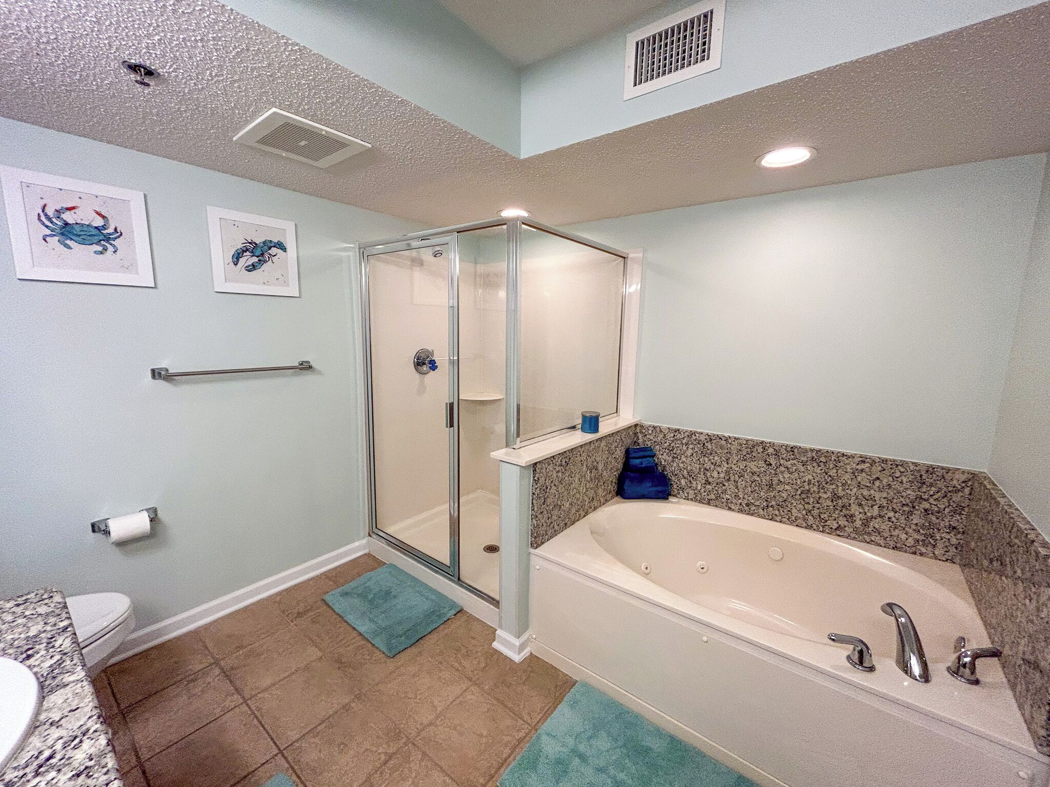 Une salle de bain avec une douche à parois de verre, une baignoire et des toilettes.