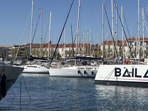 Ein Yachthafen mit mehreren Segelbooten, Gebäude im Hintergrund und einem klaren Himmel.