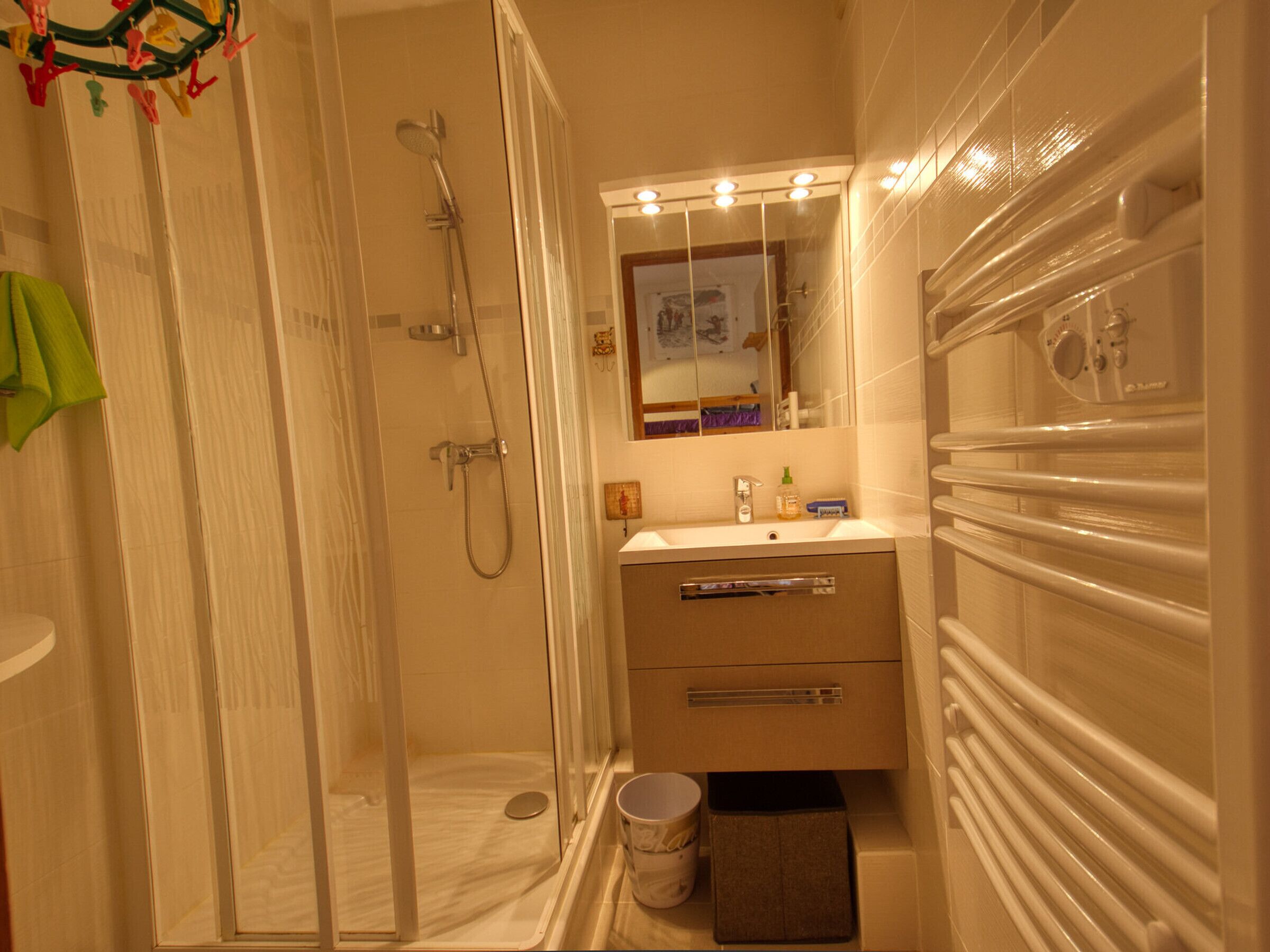 Une salle de bain équipée d’une douche, d’un lavabo, d’un miroir et d’un porte-serviettes.