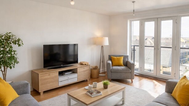 Un salón moderno con un televisor de pantalla plana, dos sofás grises con cojines amarillos, una mesa de centro y una lámpara de pie.