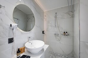 Standard Room | Bathroom | Shower, hair dryer, slippers, towels - Kismet Urban Boutique (Heraklion)
