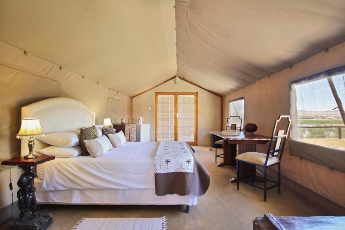 A tented room with a bed, desk, chair, and a view through a window.