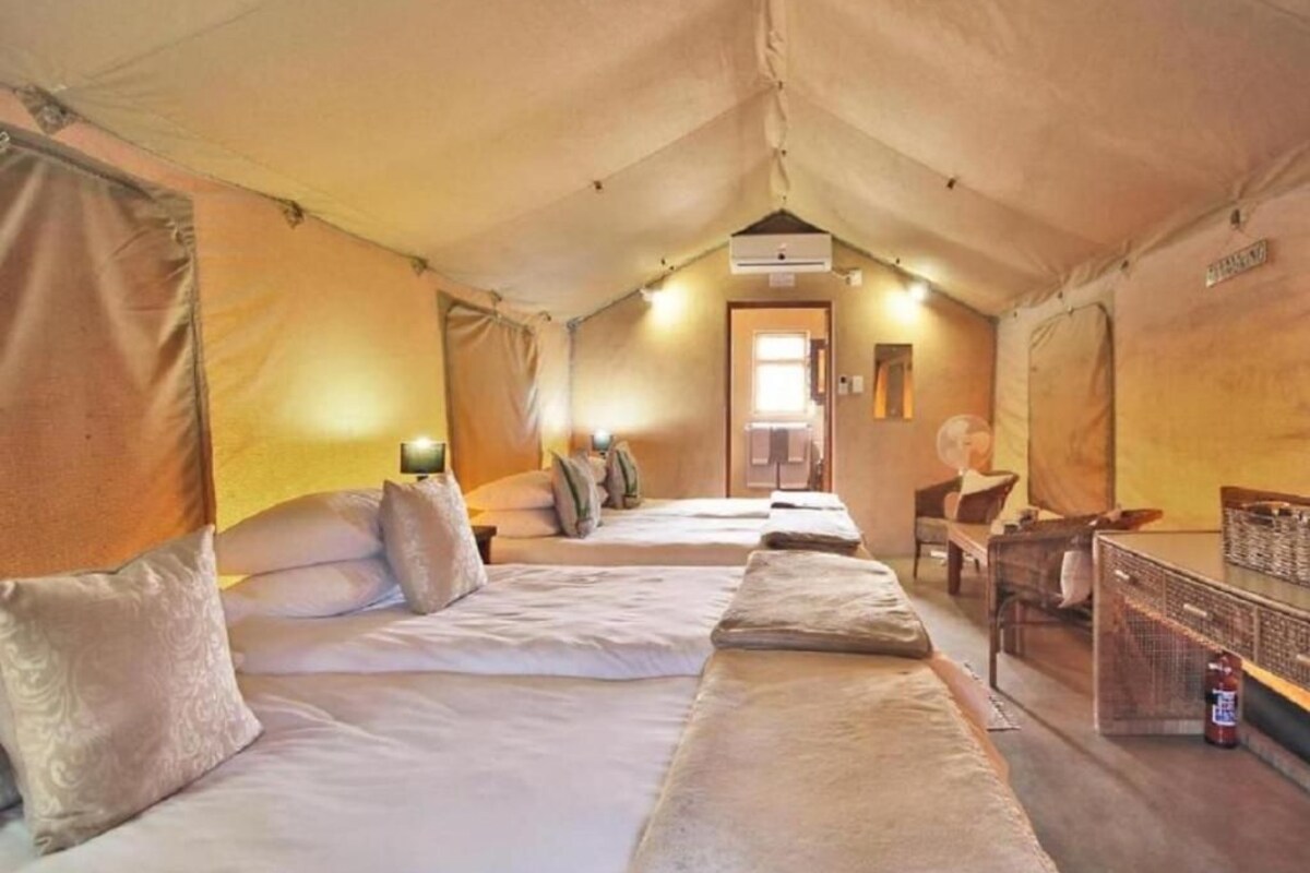 A tented accommodation with two beds, a small table, and a chair.
