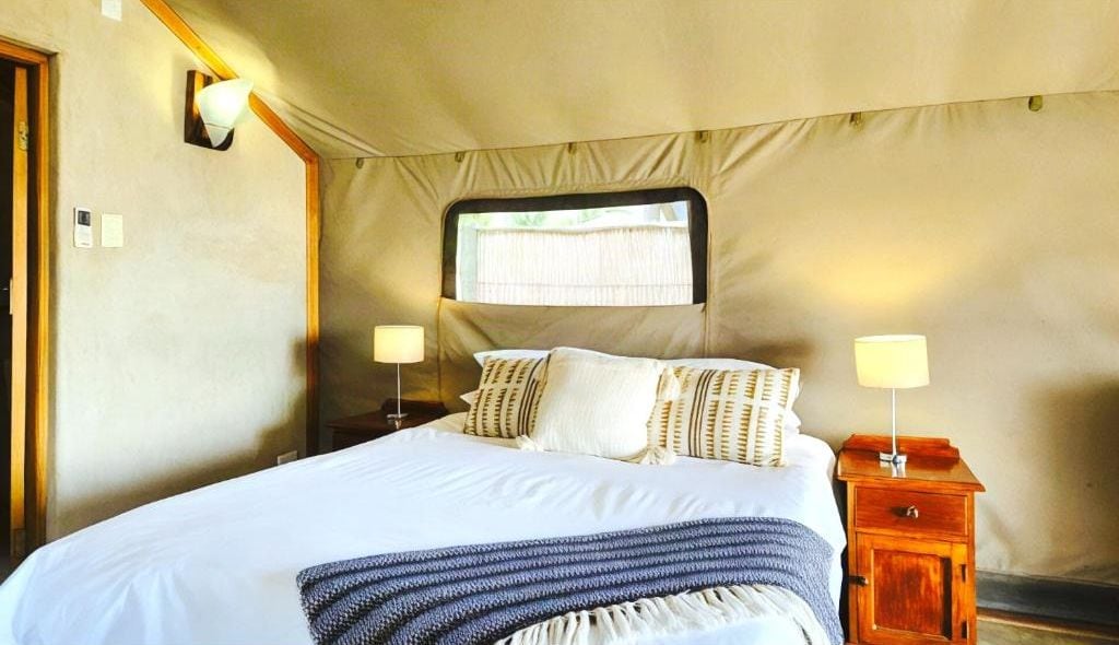 A bed with a headboard, two bedside tables with lamps, and a window with curtains.
