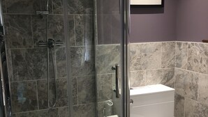 Un bagno con doccia vetro-muraria, un water e una parete rivestita di marmo.