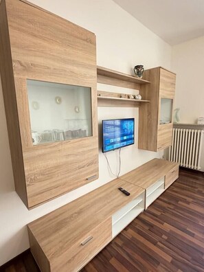 Ein modernes Wohnzimmer mit eingebauten Holzmöbeln, einem Flachbildfernseher und einer Heizung.