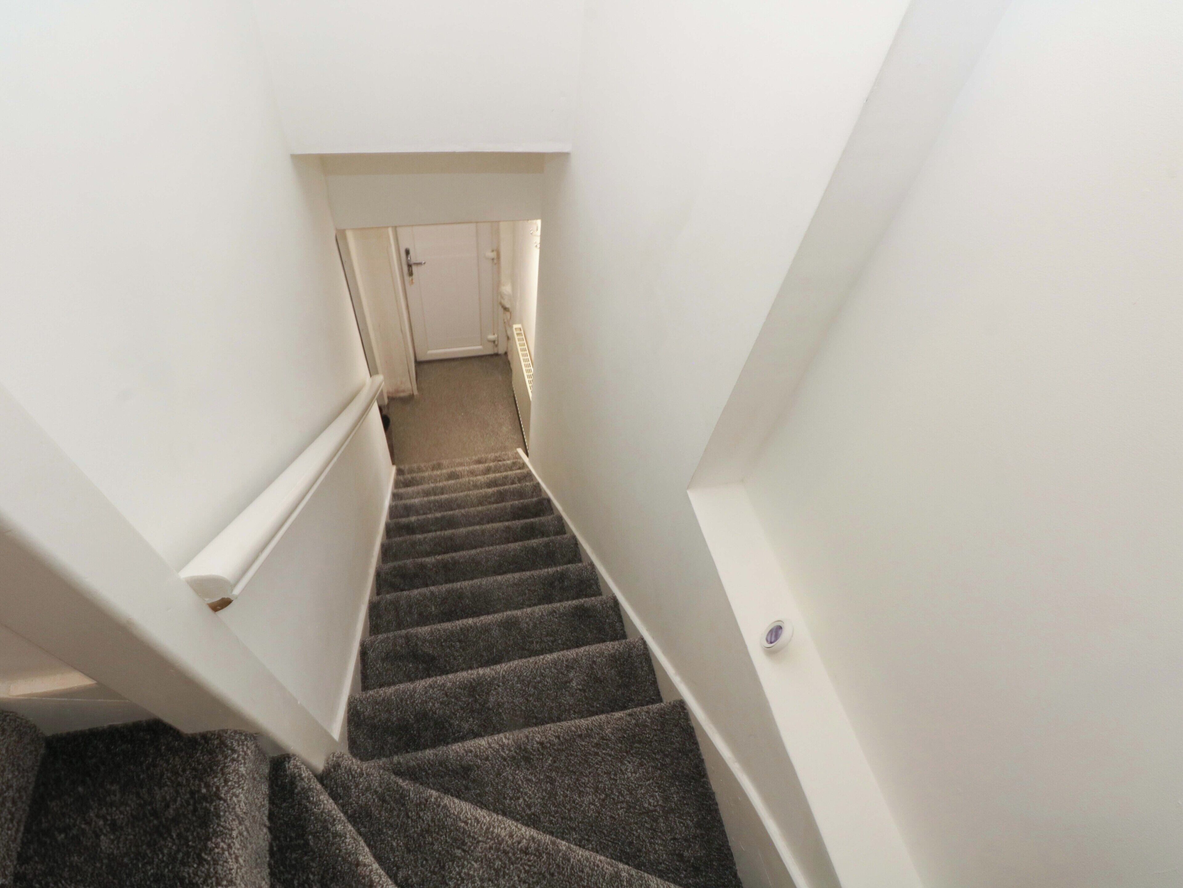 Un escalier recouvert de moquette menant à une porte.