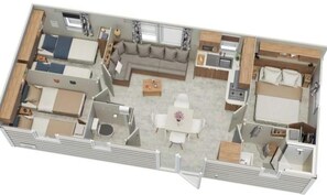 A floor plan of a hotel room with a sofa, two single beds, a dining table, a kitchen area, and a bathroom. - Pocket" mobile home in the heart of the pony club (Hostens)