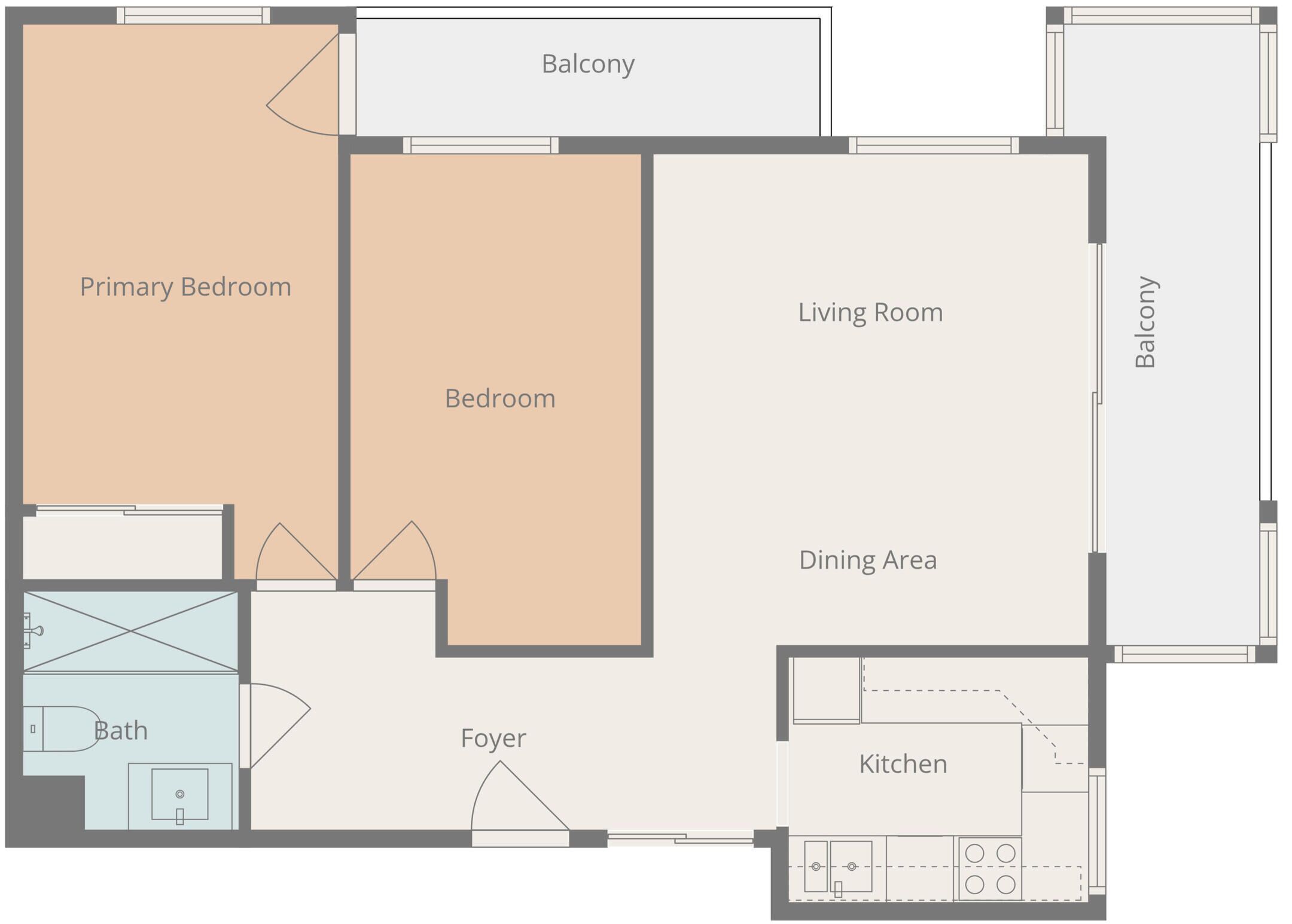 Grundriss mit Hauptschlafzimmer, Balkon, Wohnzimmer, Essbereich, Küche und Eingangsbereich.