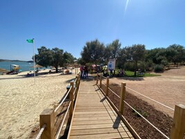 Un muelle de madera que lleva a una playa con sombrillas y una bandera.
