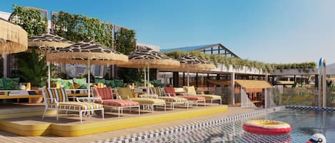 Seasonal outdoor pool, open 9:00 AM to 8:00 PM, pool umbrellas