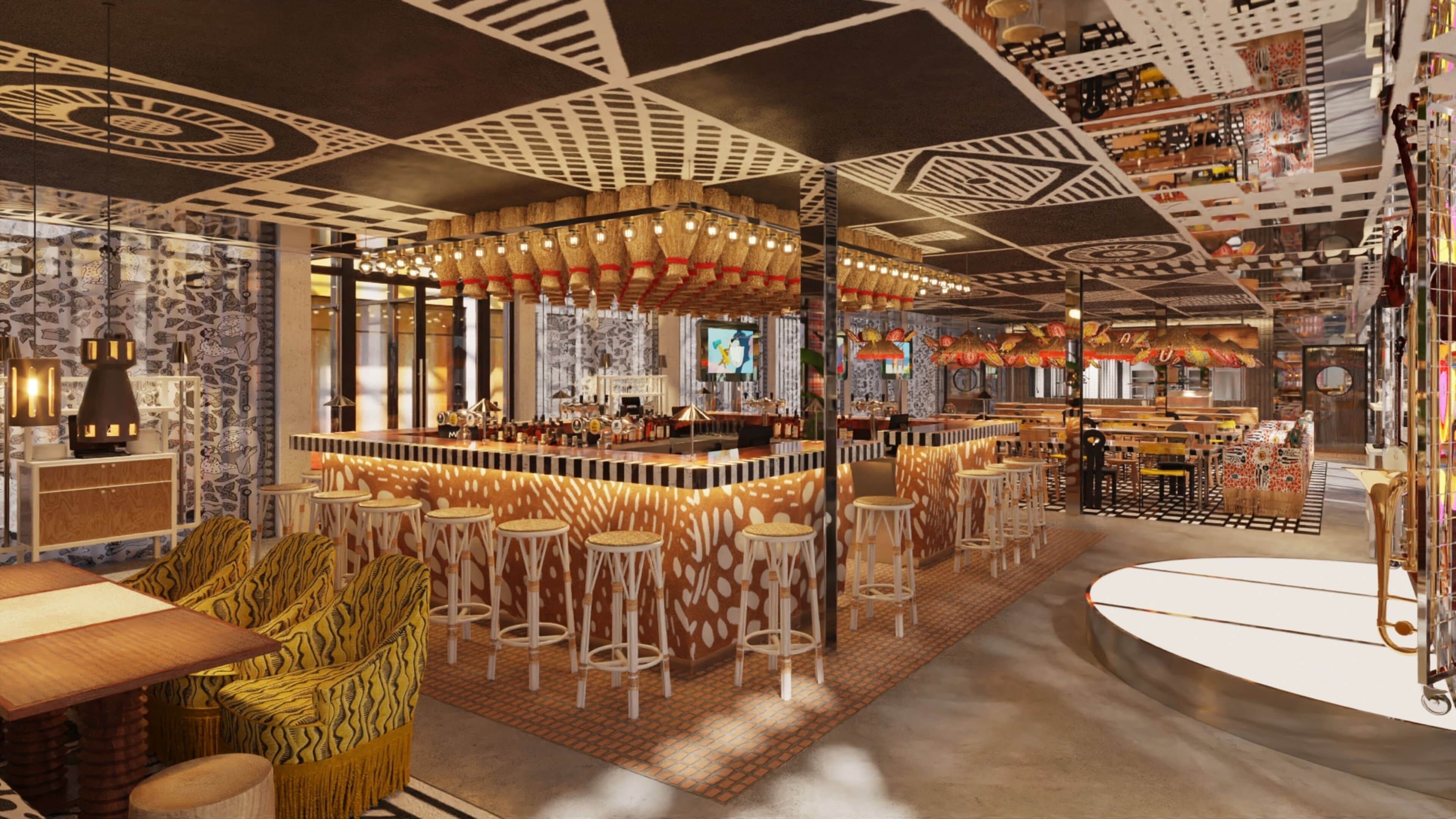 Uma área de bar moderna com banquetas altas, balcão e uma tela de televisão.
