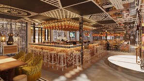 A modern bar area with high stools, a bar counter, and a television screen. - Mama Shelter Cape Town (CAPE TOWN)