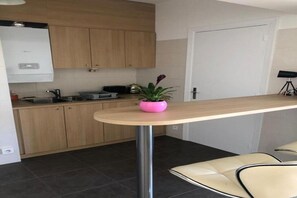 Una cocina moderna con armarios de madera, un lavamanos de acero inoxidable, una planta rosa y un comedor con una silla.