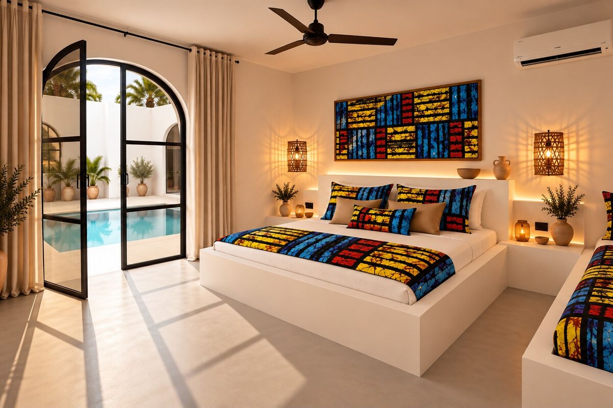 A modern bedroom with a large bed, a ceiling fan, and a view of a pool through an open door.