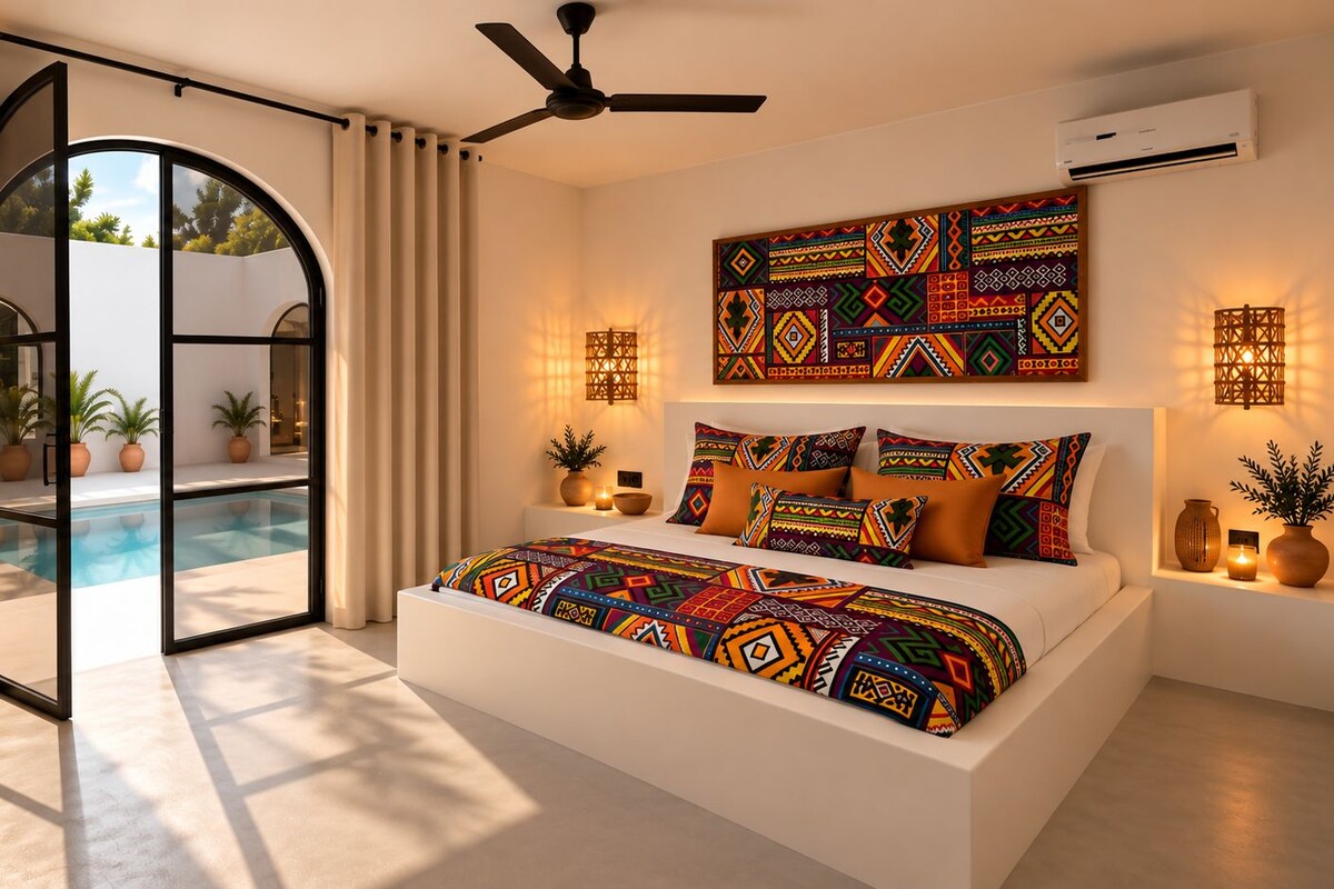 A modern bedroom with a large bed, a ceiling fan, an air conditioning unit, and a view of a swimming pool.