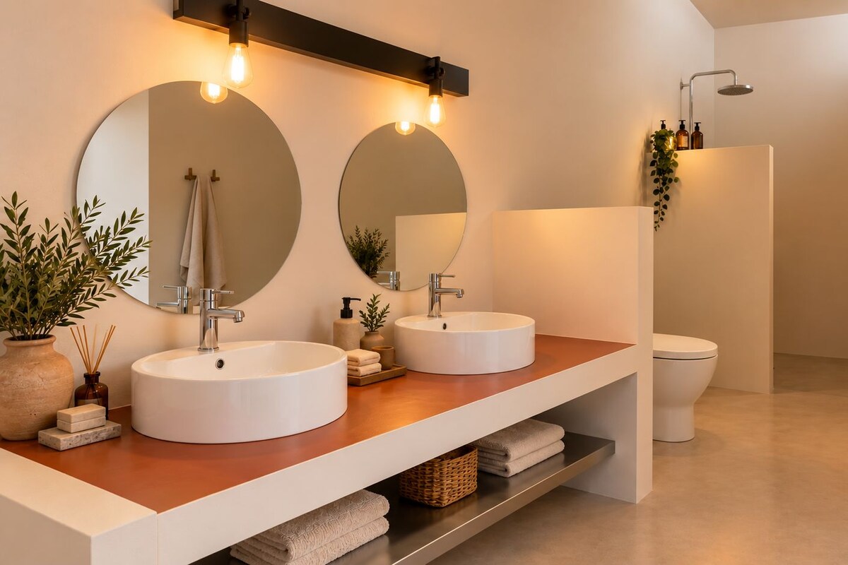 A modern bathroom with two sinks, a toilet, and a shower.