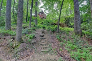 Ein bewaldetes Gelände mit einer Holztreppe, die zu einem Haus führt.