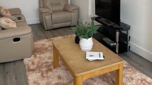 Ein modernes Wohnzimmer mit einer Couch, einem Sessel, einem Couchtisch, einem Fernseher und einer Pflanze.